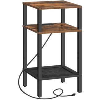 طاولة نهاية طويلة مع محطة الشحن, 3-طاولة هاتف الطبقة مع أرفف التخزين, طاولة جانبية ضيقة مع منفذ Type-C و USB لغرفة المعيشة, غرفة نوم, تجميع سهل, ريفي براون