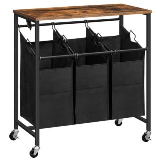 carrello portabiancheria, 3-cestino del lavanderia a sezione con flip top, 29.5"l x 15.7"w x 32.7"h, Sorter del bucato, 3 10 gallone (38l), Borse per lavanderia in tessuto Oxford rimovibili, marrone rustico e
