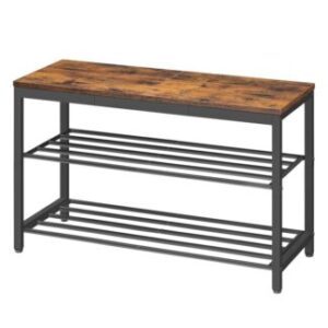 Industrial Style Shoe Storage Bench, Rustic Brown and Black Entryway Bench Organizer, 3-Tier Shoe Rack for Closet, Shoe Shelf with Wooden Top Seat, Loads 300 lb, Space-Saving