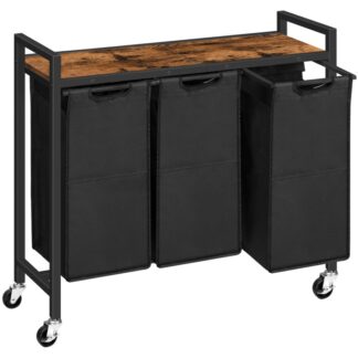 Selezionatore di biancheria 3 Sezione, Cesto per la biancheria con ruote, 3  11.5 Gal (43.4l), Cesto per la biancheria arrotolabile, Sacchi per biancheria in tessuto Oxford estraibili e rimovibili, Rustico marrone e nero