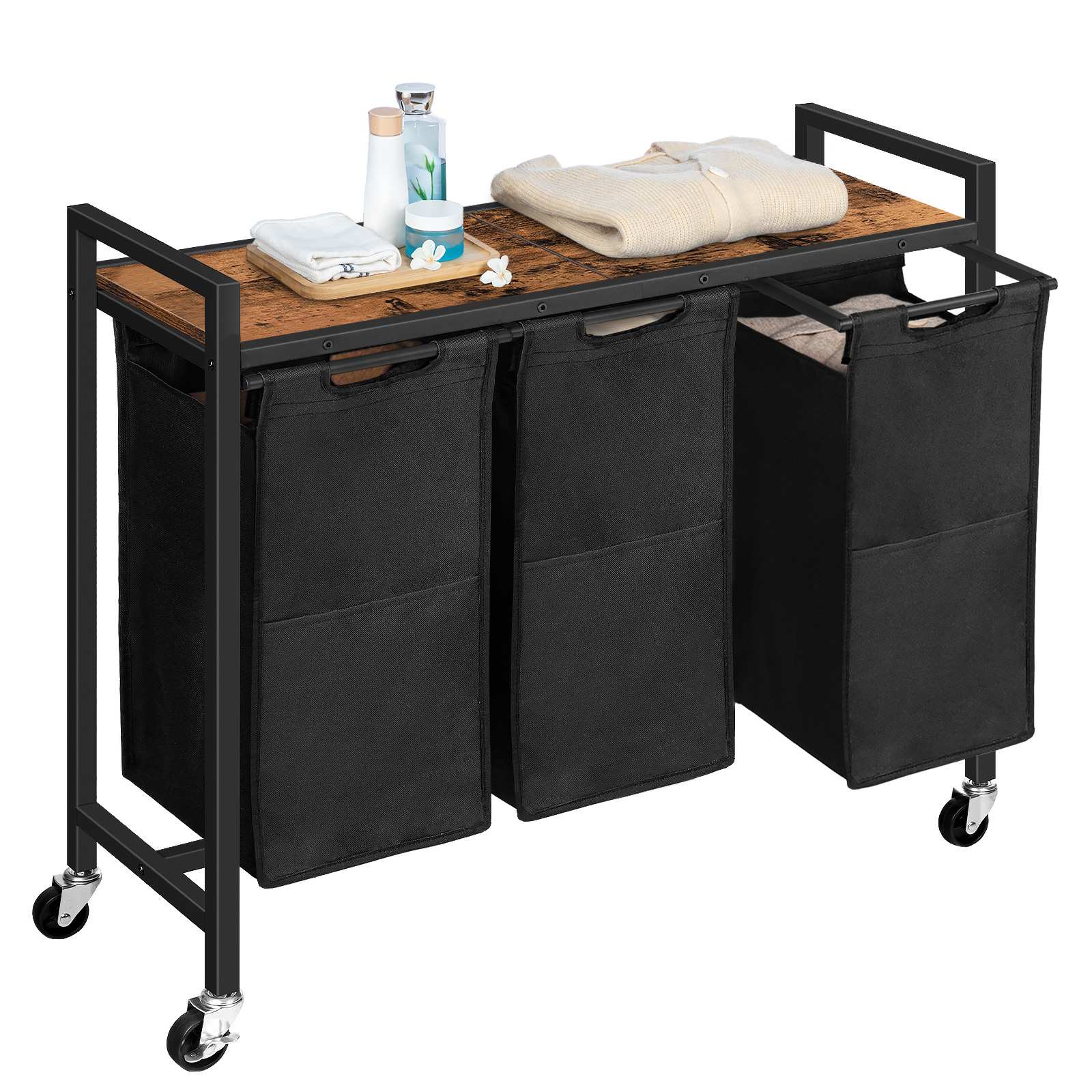 3-قسم فارز الغسيل المتداول, 34.5 جالون (130ل) سلة غسيل ذات سعة إجمالية مزودة بعجلات قابلة للقفل, أكياس قماش أكسفورد قابلة للسحب, ريفي براون & أسود