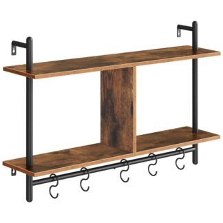 плавающие полки, 30.3 дюйм 2-уровневой настенной полки с 5 крючки, Промышленная труба, Стойка для хранения с висящим стержнем, Для гостиной, ванная комната, кухня, Спальня, деревенский коричневый и черный
