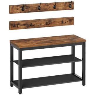 Rustik brunt og sort halltræ med bænk, Industriel skostativ med frakkestativ, Indgangsskostativ med frakke kroge, Frakke rack sko bænk, med 2 Oxford stofhylder, Mudderum