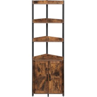 Corner Shelf with Storage, Rustic Brown and Black Tall Corner Cabinet, 5-Tier Bookshelf Stand, Storage Cabinet with Protective Fence, for Living Room