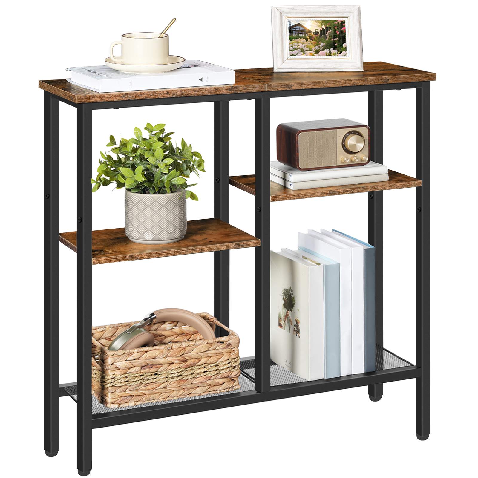 4-Tier Industrial Narrow Console Table, Metal Mesh Shelf Entryway Table with Adjustable Feet, Multi-Functional Sofa Side Table for Entryway, غرفة الجلوس & المدخل, ريفي براون & أسود