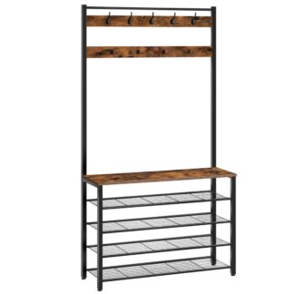 Hall træ, Frakke stativ med skostativ, 39.4 Hall Tree med bænk, 5 Tier skoopbevaringsarrangør med 9 Kroge til entryway, Skab, Robust, Industriel, Rustik brun og sort