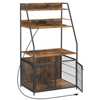 Móveis para caixas de cachorro, canil de cachorro de madeira com 3 prateleiras de armazenamento, casa de cachorro com estação de carregamento interno, gaiola de cachorro de porta dupla com malha de metal resistente a mastigação, marrom rústico e preto