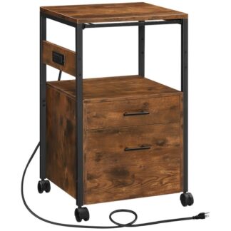 2 Drawer File Cabinet, Mobile Printer Stand with Open Storage Shelf, Filing Cabinet with Charging Station, Wooden Office Cabinet fits A4/Letter Size, Rustic Brown and Black