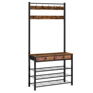 Frakke stativ, Frakke stativ med skoopbevaring, Hall Tree med 2 Ikke-vævede skuffer, Sko og frakke stativ, Alt-i-en opbevaringshylde, til gangen, Soveværelse, Garderobe, Rustik brun og sort