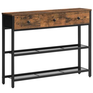 39.4" Keskeny konzolasztal 3 Szövet fiókok, Kis bejárati asztal háromlépcsős tárolópolcokkal, Vékony kanapéasztal, Oldalasztal, a Nappalihoz, Előszoba, Rusztikus barna és fekete