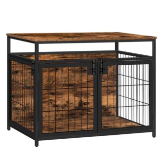 meubles de cage pour chien, cage à chien en bois, chiens de chien avec 3 Portes à l'intérieur, Table de fin décorative en maille pour animaux de compagnie pour moyen / petit chien, Maison de chien résistant à la mât, brun rustique et noir