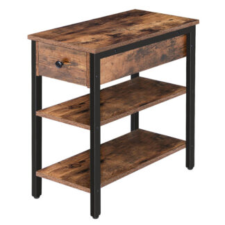 طاولة جانبية, 3-طبقة ضيقة منضدة مع درج و 2 رفوف, طاولة النهاية الصناعية للمساحة الصغيرة, غرفة المعيشة, غرفة نوم, مكتب, طاولة لهجة الشكل الخشبي, بني ريفي أسود