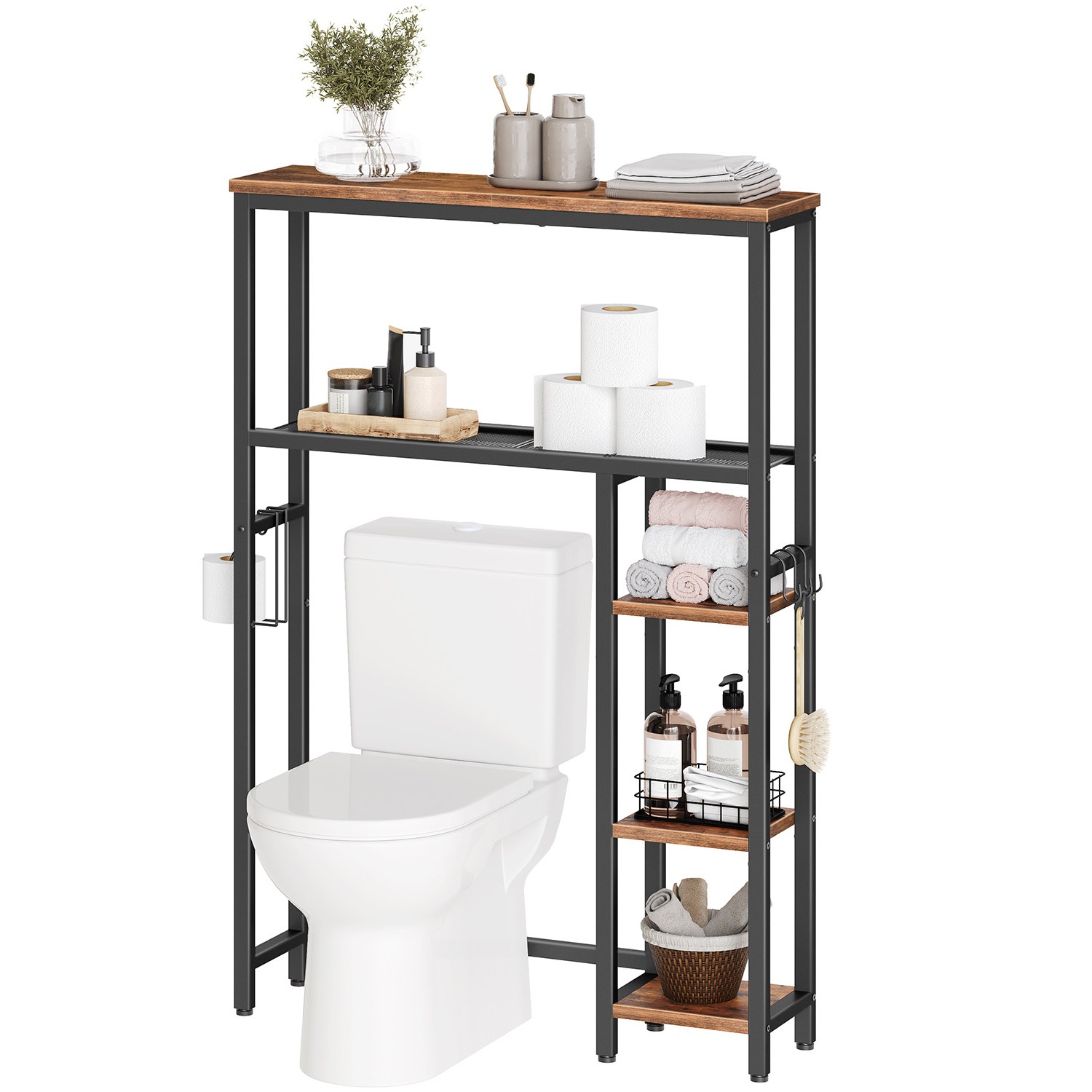 5-Tier Over-The-Toilet Storage Unit, Freestanding Bathroom Organizer with Toilet Paper Holder and Movable Hooks, Space-Saving Storage Shelves for Bathrooms, Rustic Brown & Black Finish