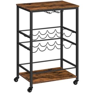 Carro de bar para el hogar, Carro de servicio de cocina con ruedas, Carrito para vinos con soporte para copas de 2 niveles y estantes para botellas de vino, para la cocina, Comedor, Sala de estar, Marrón rústico y negro