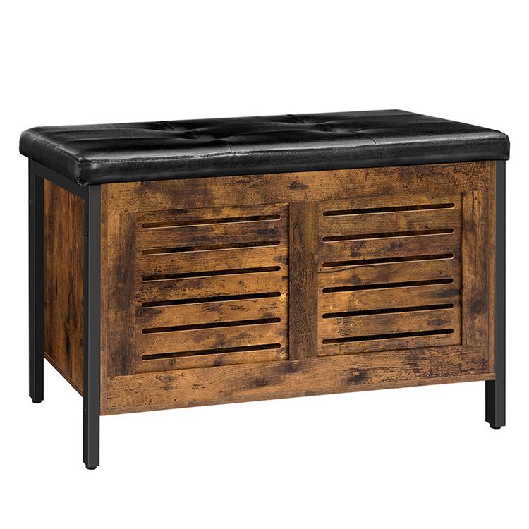 Industrial toy box, Vintage lift top storage chest organizer with safety hinge, rustic brown storage bench with padded seat, shoe bench, supports 220 lb, bed end stool in hallway bedroom