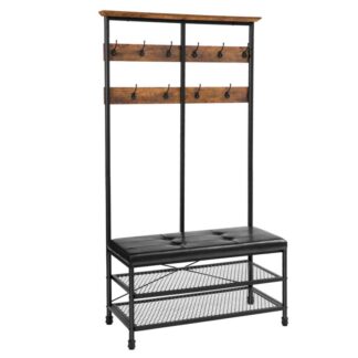 frakke rack hall træ, Stor indgangssko bænk med fortykket polstret sæde, Multifunktionel opbevaringshyldearrangør, 4-i 1 design, Accentmøbler med metalramme, Let samling