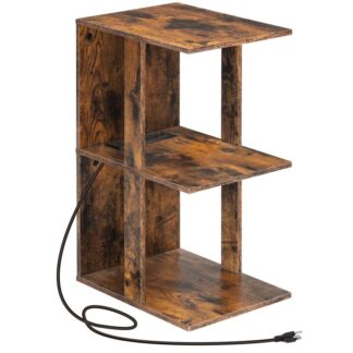 nightstand with charging station, 3 tier end table with usb ports and outlets, narrow side table with storage shelf, small sofa bedside table for small spaces, bedroom, rustic brown
