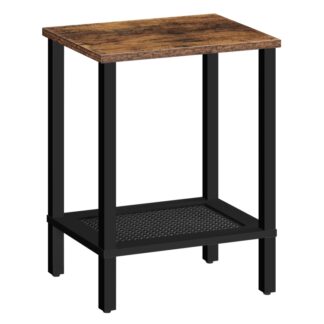 Tábla Deiridh, Tábla taobh beag le seilfeanna stórála 2 shraith, Seastán oíche le maisiú rattan faux, Tábla tolg le haghaidh Spás Beag, In aice le tábla don seomra suí, Rustic donn agus dubh