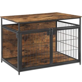 Dog Crate Furniture, 38.6 Inch Wooden Dog Crate Table with 3 Doors, Indoor Dog Kennel Furniture for Medium/Large Dog, Side End Table, Chew-Resistant Dog House, Rustic Brown and Black