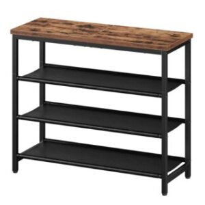 Retro Shoe Rack, Rustic Brown and Black 4-Tier Shoe Storage Organizer for Closet and Entryway, 3 PU Shelves, Holds 9-12 Pairs of Shoes, Sturdy Metal Frame, Small Spaces