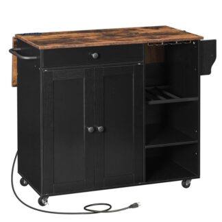 Кухонный остров с кладовкой, Поворотный кухонный остров со складным откидным листом, Зарядная станция, Спечная стойка, Ящик, Мобильный кухонный остров на колесах, для кухни, Черный и деревенский коричневый