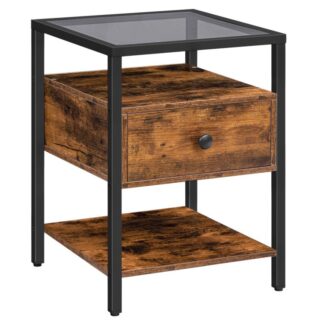 منضدة سرير, طاولة جانبية زجاجية مع درج وجرف, طاولة السرير لغرفة المعيشة, غرفة نوم, مدخل, الزجاج المقسى مستقر, سهل التنظيف والتجميع, بني ريفي أسود