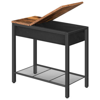 odkládací stolek, Překlopení horní koncové tabulky s úložným policí, Úzký noční stolek pro malé prostory v obývacím pokoji, ložnice, průmyslový, Stabilní kovový rám, Rustikální hnědá a černá