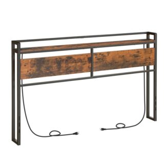 king size headboard, headboard with 2 outlets and 4 usb ports, adjustable height, storage rack, sturdy and stable, easy assembly, rustic brown and black