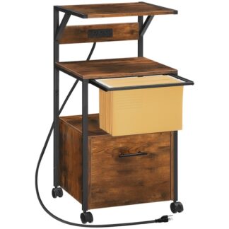 Mobile File Cabinet, Filing Cabinet with Charging Station, Office Cabinet, Printer Stand with File Cabinet, Open Storage Shelf, A4/Letter Size for Home Office, Rustic Brown and Black