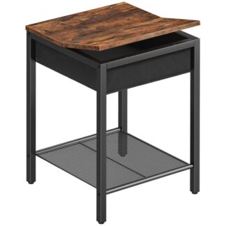 Noční stolek, Překlápěcí boční stolek s odkládací policí ze síťoviny, Průmyslový koncový stůl pro malé prostory v obývacím pokoji, Ložnice, Stabilní kovový rám, Rustikální hnědá a černá