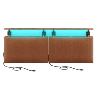 Čelní deska velikosti krále, Nástěnná čelní deska 4 Porty USB a LED světlo, PU čalounění, Otevřete úložnou polici, pro Ložnici, Bar, Stolování nebo vchod,