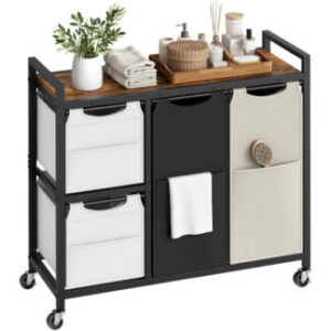 Laundry Sorter with 4 Section, Black and Beige Laundry Hamper with Wheels, Rolling Laundry Basket with Shelf, Pull-Out Detachable Bags, Side Pockets