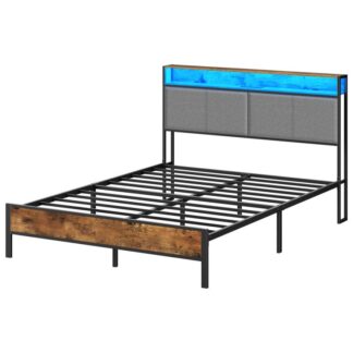 Рама кровати с королевой с изголовкой хранения, Обитая платформа, Рама кровати со станцией зарядки и светодиодным светом, Изголовье с полками хранения, USB-порты, Деревенский коричневый и черный
