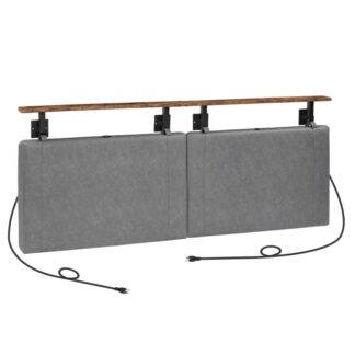 изголовье, настенное крепление навес 4 USB -порты и светодиодный свет, Пухолевая, Открытая полка хранения, для спальни, бар, обед или вход, Размер королевы, деревенский коричневый и серый