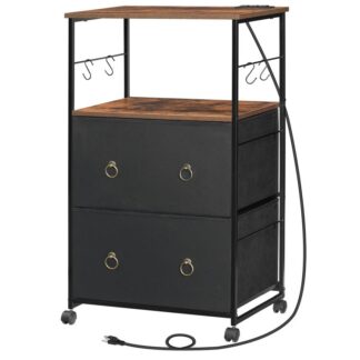 2 drawer lateral file cabinet, filing cabinet with charging station, fits a4/letter size, printer stand with open shelves for home office, nonwovens drawer, rustic brown and black
