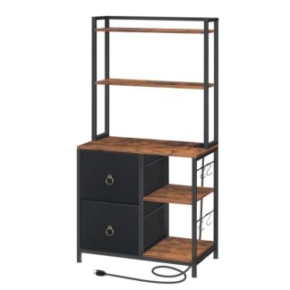 vertical file cabinet with drawer and charging station, printer stand with bookshelf, filing cabinet for home office, a4/letter size, nonwovens drawer, black and rustic brown