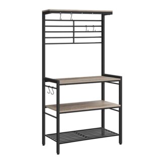 Kitchen Rack, Kitchen Microwave Oven Baker's Stand with High Display Shelf, 2 Wooden Shelves and Mesh Panel, Kitchen Island Rack with 6 Hooks, Adjustable Feet, Grey and Black