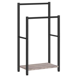 freestanding towel rack, 2 tier blanket ladder holder for bathroom, 16.5" l x 9.4" w x 31.5" h, blanket rack, industrial drying and display rack with shelf, metal, greige and black