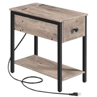 side table with charging station, narrow end table, small nightstand, bedside tables with drawer and storage shelves, for small spaces, living room, bedroom, grey