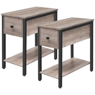 مجموعة من 2 طاولة النهاية الضيقة, 2-طبقة منضدة مع درج وجرف, طاولة جانبية للمساحات الصغيرة, مستقر وقوي, طاولة لهجة الشكل الخشبية في غرفة النوم, رمادي وسوداء