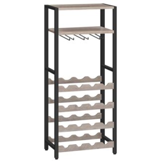 freestanding wine rack, 16-bottle wine storage rack with tabletop and glass holder, 6-tier bar rack, for kitchen, bar, dining room, greige and black