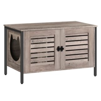 skříňka na kočičí krabice, Skrytý nábytek na krabici s odpadkem s podložkou závěrky a kočičí hlavou, vstup do kočky může být vlevo nebo vpravo, Kočičí toarota zapadla většinu krabice na odpadky, šedá