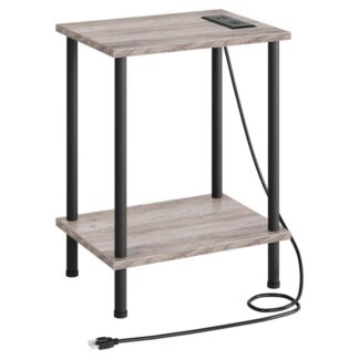 طاولة جانبية مع محطة شحن, الجدول النهائي مع منافذ USB ومنفذها, منضدة مع رفوف تخزين ثنائية الطبقة للمساحات الصغيرة, غرفة المعيشة, غرفة نوم, إطار مستقر, greige والأسود