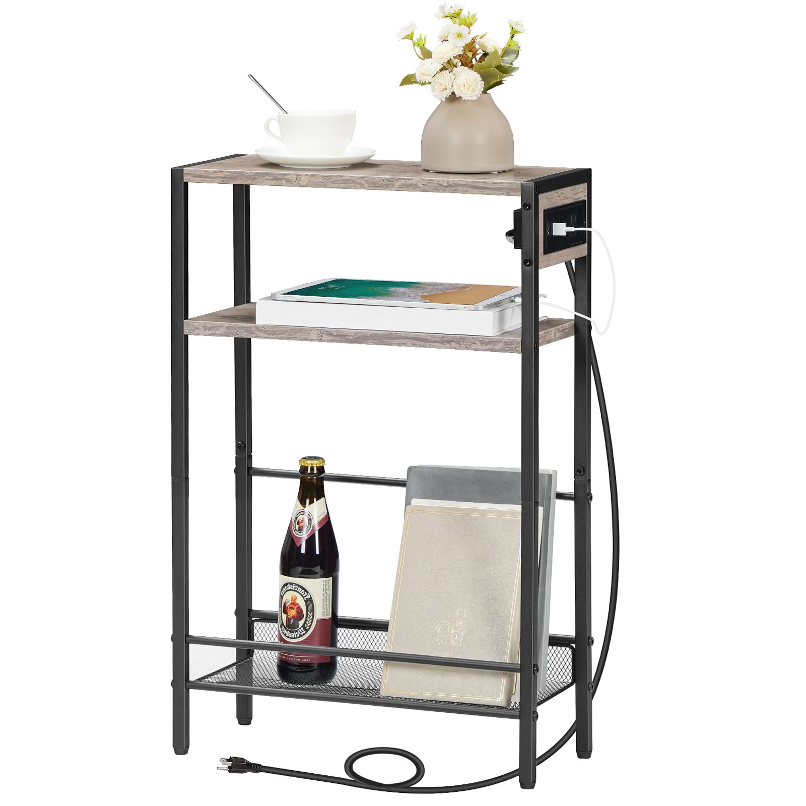 Slim Narrow Side Table with Integrated Charging Module, Space-Saving End Table Equipped with USB Ports & منفذ AC, Multi-Functional Storage Shelf for Compact Spaces, جريج & لمسة نهائية سوداء