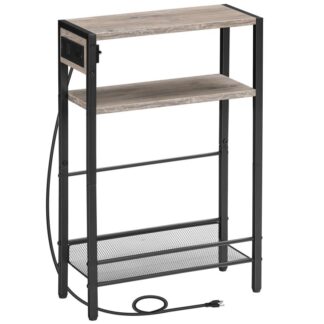 Piccolo tavolo laterale stretto con stazione di ricarica, Tavolino sottile per piccoli spazi, Comodino sottile con presa USB, Divano accanto al tavolo con ripiano portaoggetti, Greige e Nero