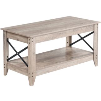 coffee table, farmhouse coffee table for living room, 2-tier center table with storage shelf, x design metal side frame, easy assembly, for apartment, reception room, grey