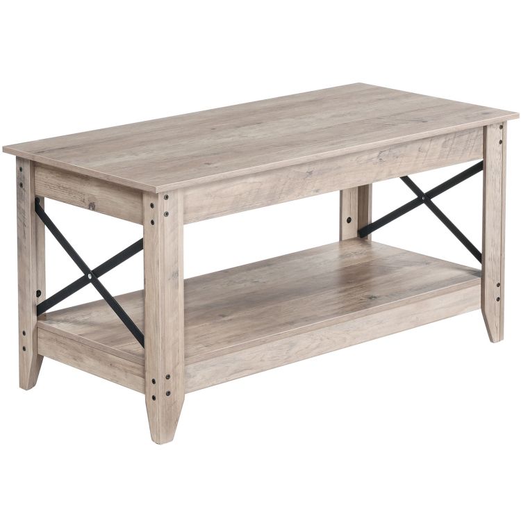 coffee table, farmhouse coffee table for living room, 2-tier center table with storage shelf, x design metal side frame, easy assembly, for apartment, reception room, grey