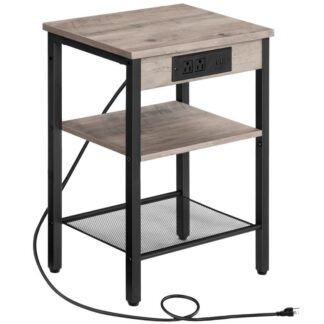 Side Table with Charging Station and USB Ports, 3-Tier Nightstand with Adjustable Shelves, End Table for Small Space, Living Room, Bedroom and Balcony, Grey and Black