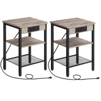 مجموعة الجدول النهائي من 2 مع محطة الشحن ومنافذ USB, 3-طبقة منضدة مع أرفف قابلة للتعديل, طاولة جانبية ضيقة لمساحة صغيرة في غرفة المعيشة, غرفة نوم وشرفة, جراير