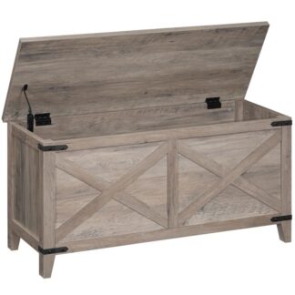 Farmhouse Storage Bench, Wooden Storage Chest, 39.3" Retro Toy Chest with Barn-Styled Front, Toy Box Organizer with Metal Accents and Lift Top, for Living Room, Greige